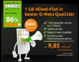 Top! Allnet-Flatrate mit Internet-Flatrate mit 1GB im D-Netz nur 9,85 Euro monatlich – statt normal 19,85 Euro