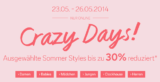 [C&A] Noch heute! Crazy Days mit bis zu 30% Rabatt auf ausgewählte Sommerstyles – zusätzlich 10% Newsletter-Rabatt sparen!