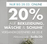 20% Rabatt auf die Kategorie Bekleidung (inkl. Wäsche & Schuhe) im Galeria Onlineshop