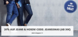 20% Rabatt auf alle Jeans und Hosen für Damen und Herren bei Jeans Direct (MBW: 30,- Euro)