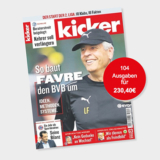 Jahresabo mit 104 Ausgaben der Zeitschrift Kicker für 230,40 Euro – als Prämie: 180,- Euro Verrechnungsscheck