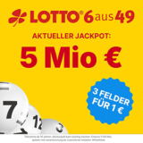 Heute 5 Mio. Lotto Jackpot: 3 Felder Lotto 6-aus-49 für 1€ bei Tippland.de – Neukunden