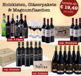 Weinvorteil Paketparade mit verschiedenen Probierpaketen sowie Paketen mit Gläsern/Holzkiste stark reduziert