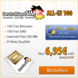 [DEUTSCHLANDSIM] Knaller! Im guten D-Netz – All In 100 Smartphone Tarif mit 100 Minuten + 100 SMS + Internet-Flatrate 200MB nur 6,95 Euro pro Monat – und das dauerhaft!