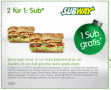 [SUBWAY] 2 für 1! Nur heute: 15cm Sub kaufen und zweites 15cm Sub kostenlos dazu bekommen!