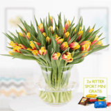 40 zweifarbige Tulpen (rot-gelb) + 2 RitterSport Mini Schokis für nur 24,90 Euro