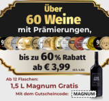 Weinvorteil: Bis zu 60% Rabatt auf prämierte Weine ab 3,99 Euro pro Flasche – ab 12 Flaschen eine 1,5l Magnum Flasche gratis!